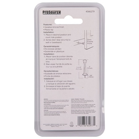 Prosource Heavy-Duty Rigid Door Stop, 1 in Dia Base, 3 in Projection, Die-Cast Zinc & Plastic CL-208C-VB-PS