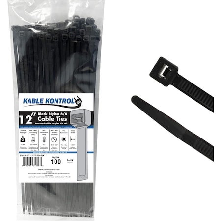 Kable Kontrol Black Cable Zip Ties - UV Resistant, 12 in L, 3.15 in Max Bundle Dia., Black, Nylon 6-6, 100 PK CT-12-75-100-BK