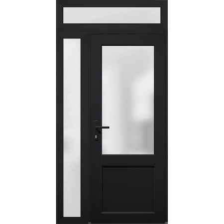 Vdomdoors Front Exterior Prehung FiberGlass Door Frosted Glass / Manux 8422 Matte Black / Sidelight and Trans MANUX8422EXD-BLK-W36+12 x H80+14-RH