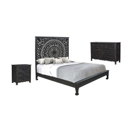 Homeroots Three Piece Black Solid Wood Bedroom Set 643650
