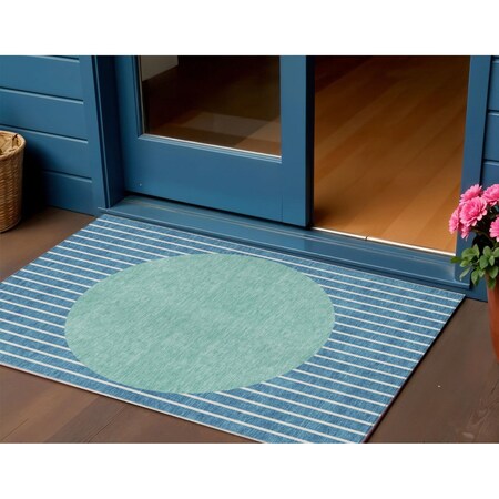 Homeroots 3' X 5' Teal Blue And Aqua Striped Washable Indoor Outdoor Area Rug 597199