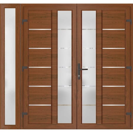 Vdomdoors Front Exterior Prehung Metal-Plastic Double Doors / MANUX 8088 Walnut / Sidelite Exterior Window / MANUX8088DEXD-WLN-LH-W72+12xH80
