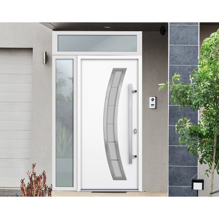 Vdomdoors Steel Door Deux 6500 White Sidelight and Transom Window Stainless Inserts Single Modern Painted-W36 DEUX6500EXD-WS-W36+16 x H80+16-Left-hand Inswing