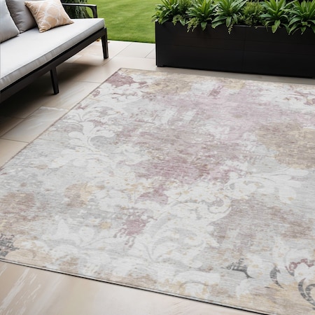 Homeroots 5' X 8' Ivory Light Purple And Gray Damask Washable Indoor Outdoor Area Rug 596388