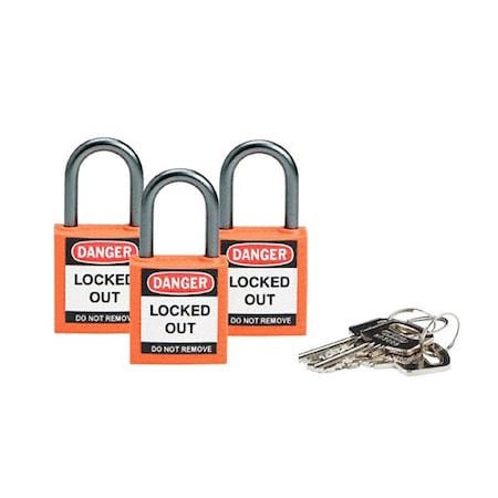 Brady Lockout Padlock, Keyed Alike, Nylon, Orange, 1 in Shackle Height, 1 3/16 in Body Width, 3 PK 118957