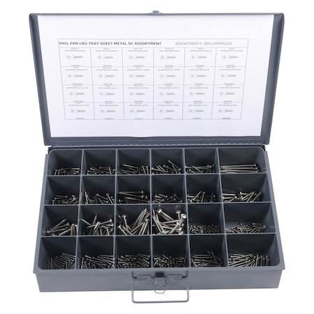 Zoro Select Tapping Screw Assortment, #6 to #14 x Plain Finish, Stainless Steel, Pan Head Phillips Drive JBDL24PSMS25S