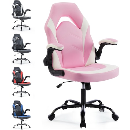 Yssoa Ergonomic Gaming Desk Chair - Adjustable PU Leather Swivel Racing Chair with Flip-up Armrests for H 3A88FNCHARGAMEPNK