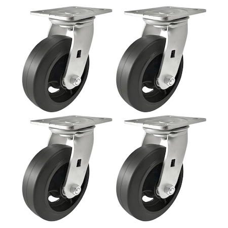 Hyw Products Heavy Duty Caster Set 6in Rubber on Cast Iron Wheels, 4 Swivel, 4PK 40-60S-A1-RC-4