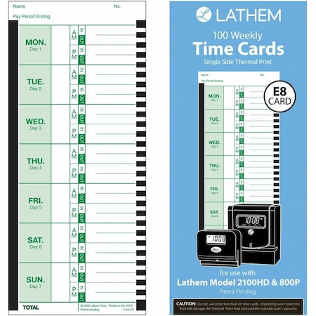 Lathem Time Time Card, Thermal, White, PK100 E8100
