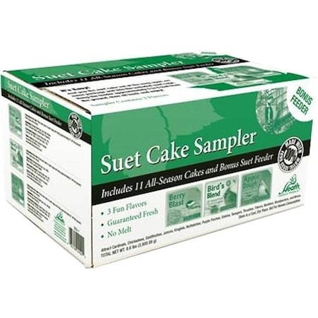 Heath Suet Cake Sampler Pack with Cage, Apple Dough, Berry Blast, Bird's Blend, 11 Pack SCS-1