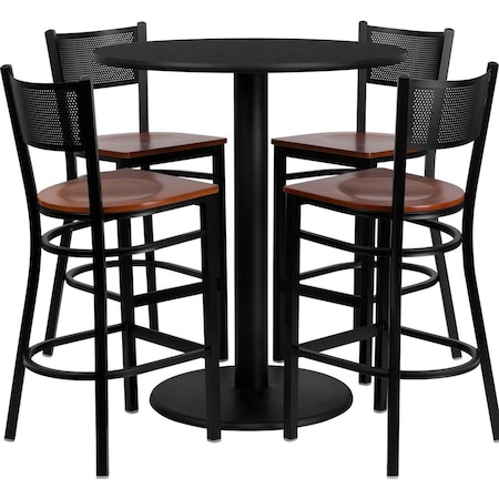 Flash Furniture Round Blk Bar Table, Rnd w/Cherry Seats, 36", Laminate Top, Wood Grain MD-0018-GG