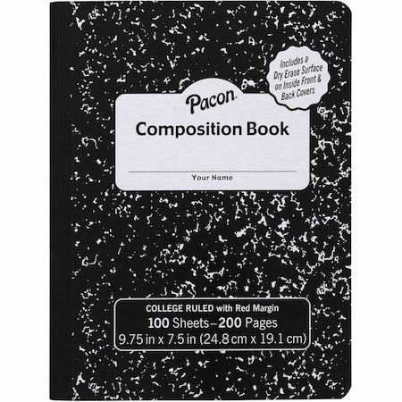 Pacon Composition Book, Black Marble, 9/32 in ruling with red margin 9-3/4in. x 7-1/2in., 100 Sheets, 6PK PMMK37106DE