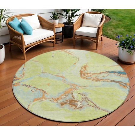 Homeroots 8' Artichoke Green Blue And Brown Round Abstract Washable Indoor Outdoor Area Rug 597760