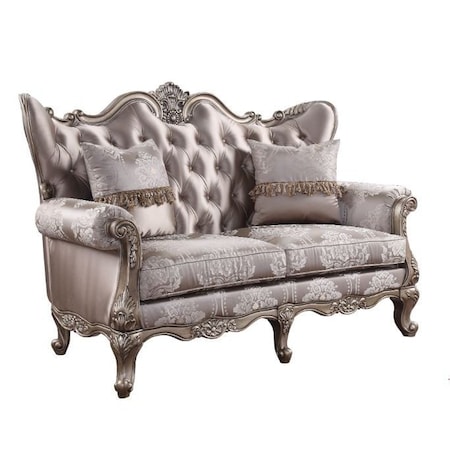 Homeroots 68in Pink And Platinum Silk Blend Loveseat and Toss Pillows 515744