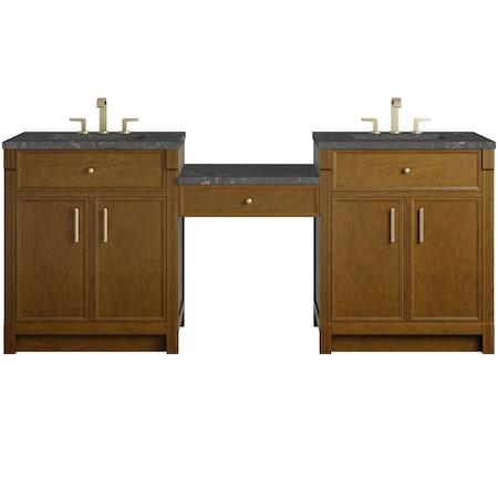 James Martin Vanities Bellshire 84" Dual Vanity Set with 24" Make-Up Counter, Honey Oak w/3 cm Parisien Bleu Silestone Top 660-VMC84-HNO-3PBL
