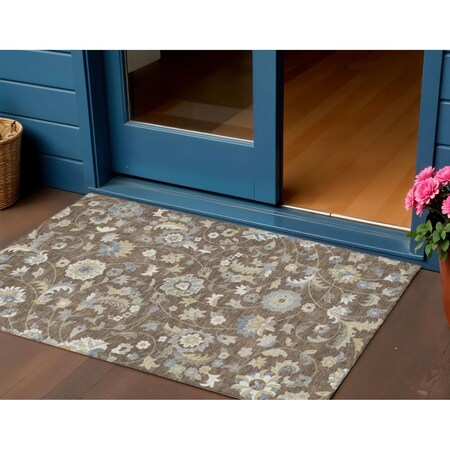 Homeroots 3' X 5' Chocolate Beige And Blue Floral Washable Indoor Outdoor Area Rug 597806
