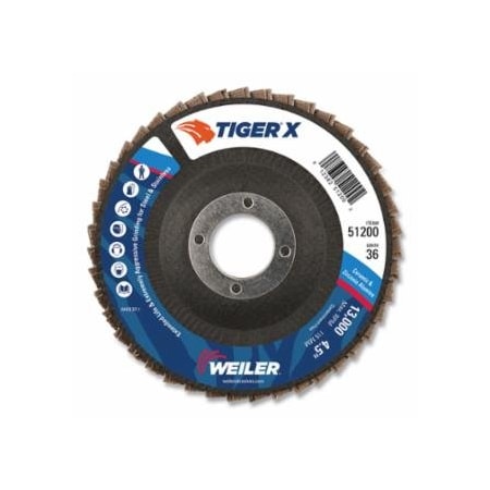 Weiler Tiger X Flap Disc, Type 29, 4-1/2 in, 36 Grit, 7/8 in Arbor, 10PK 804-51265