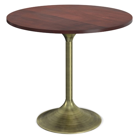 Homeroots 36" Walnut and Brass Solid Wood and Iron Pedestal Base Round Top Dining Table 640686