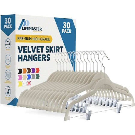 Lifemaster Velvet Skirt Hangers, Adjustable Clips, 360 Deg Swivel Hook, Non-Slip, Holds 10 lbs, Ivory, 30PK LMVSH30IV