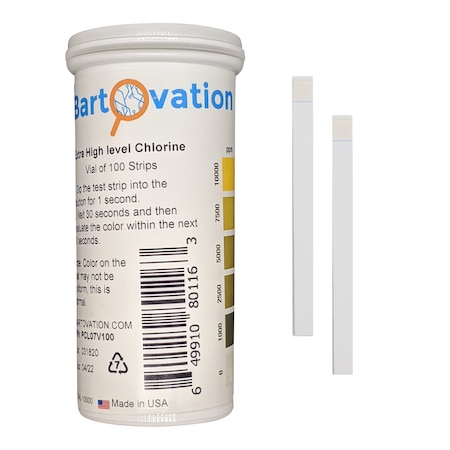 Bartovation Extra High-Level Chlorine Test Strips, 0-10,000 ppm [Vial of 100 Strips] PCL07V100
