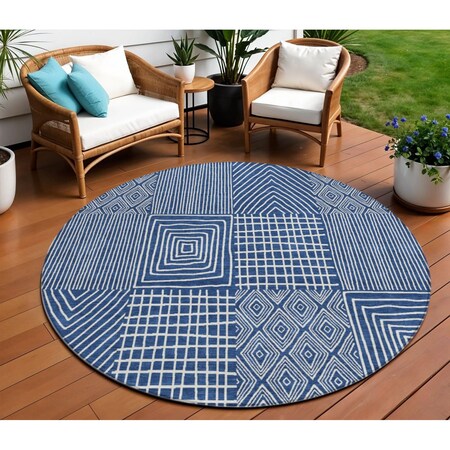 Homeroots 8' Navy Blue And Ivory Round Geometric Washable Indoor Outdoor Area Rug 596952