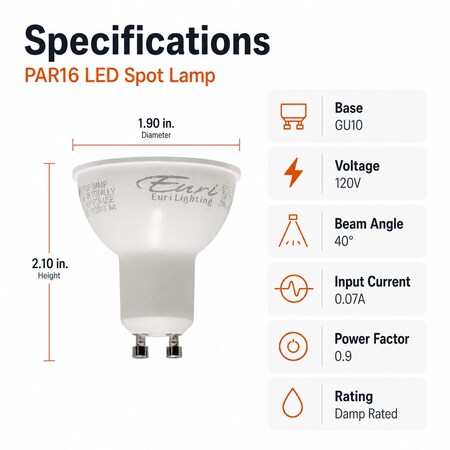 Euri Lighting PAR16 LED Spot Bulb, 7W, 450 lm, 50W Eq., 4000K, GU10, Dimmable, JA8, UL EP16-4040ew