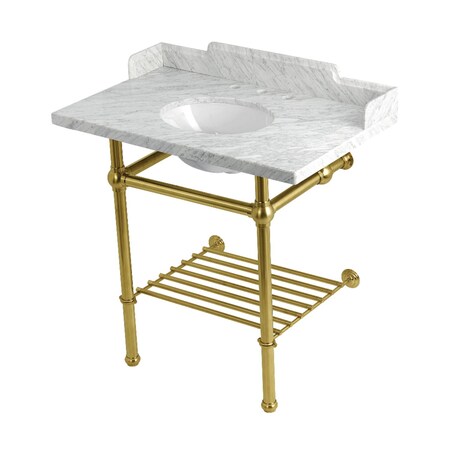 Kingston Brass 36-Inch Carrara Marble Console Sink with Brass Legs and Shelf, 8-Inch, 3-Hole LMS36MBB7