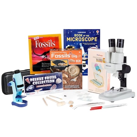 Amscope Kid's Fossil Explorer featuring 60X-120X Portable LED Handheld Microscope, Fossil Dig Kit, 18-Piece P KVB-FOS-612-EXP