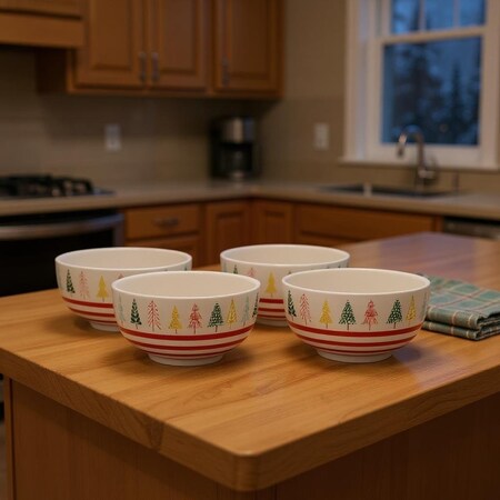 Homeroots Set of Four 6" White Green And Red Ceramic Christmas Trees Round Candy or Nut Bowls 638947