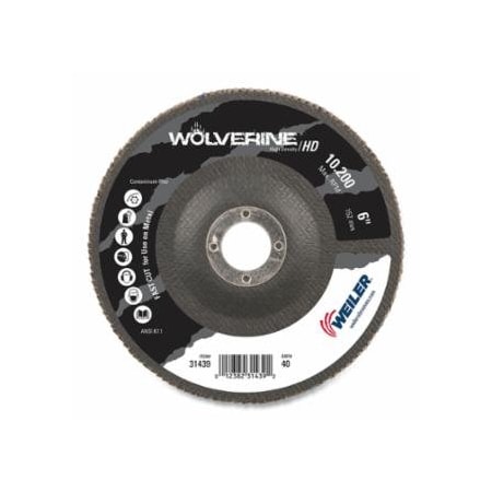 Weiler Wolverine, Abrasive Flap Disc, 6 in dia, 40 Grit, 7/8 in arbor, 10200 RPM, 10PK 804-31439