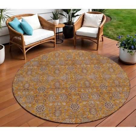 Homeroots 8' Copper Beige And Taupe Round Floral Washable Indoor Outdoor Area Rug 582268