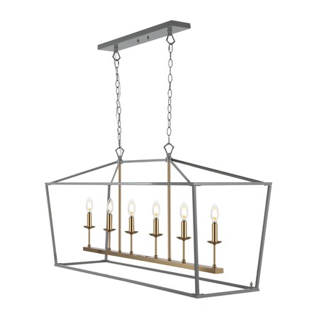 Jonathan Y Pagoda 49" 6-Light Classic Traditional Metal Linear Cage Lantern LED Pendant, Gray/Brass Gold JYL7439F