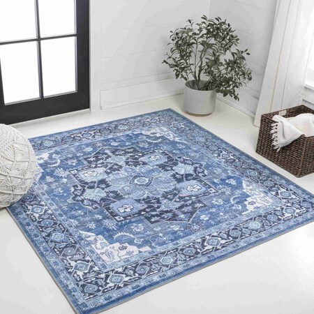 Jonathan Y Maris Ornate Medallion Non-Slip Machine-Washable Blue/Navy 5 ft Square Area Rug WSH109B-5SQ