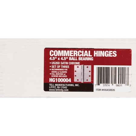 Tell Commercial 4-1/2'' Square Satin Chrome Ball Bearing Door Hinge, 3PK HG100004