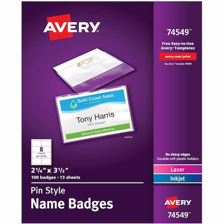 Avery Pin Style Name Badges, 2-1/4" x 3-1/2", Clear, 100/Box 74549