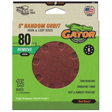 Gator Sanding Disc, 5 in Dia, 80 Grit, Medium, Aluminum Oxide Abrasive, Vented 4142