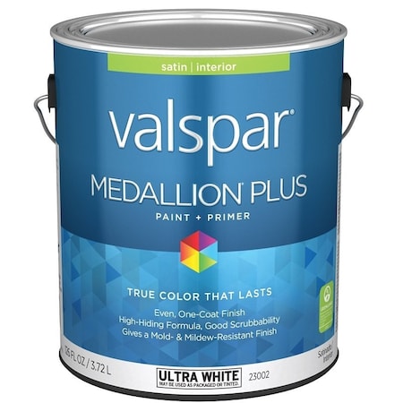 Valspar Medallion Plus 2300 Latex Paint, Acrylic Base, Satin Sheen, Ultra White Base, 1 gal, Can 028.0023002.007
