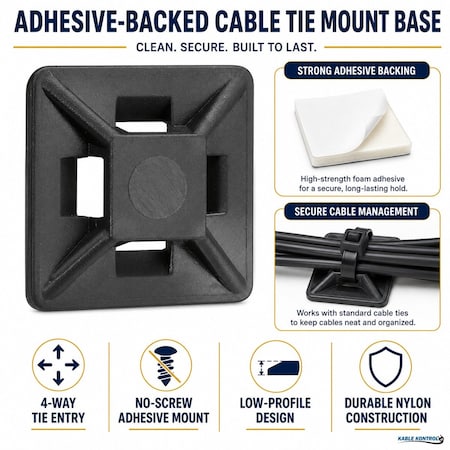 Kable Kontrol Adhesive Cable Tie Mounts, 1/2" Sq, UV Black Nylon, PK100 CT282