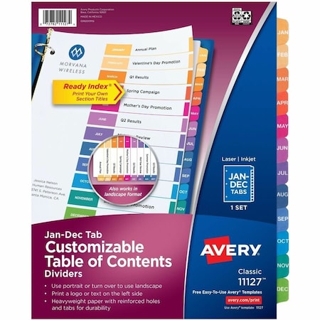 Avery Dennison Avery Ready Index T.O.C. Reference Divider, Jan to Dec, 8.5"x11", 12 Tabs, White/Multi 11127