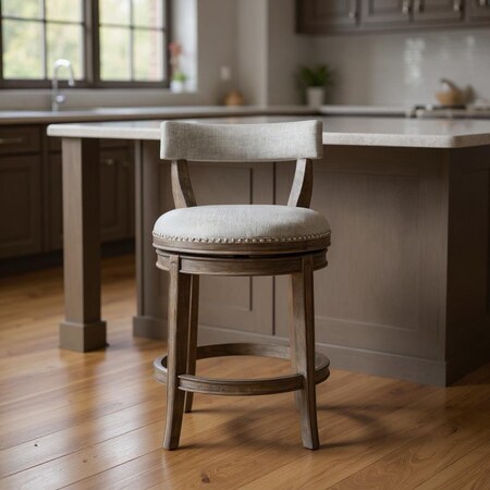 Homeroots 26" Gray and Oak Fabric and Solid Wood Low Back Counter Height Swivel Bar Chair 632375