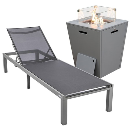 Leisuremod Marlin Modern Grey Aluminum Outdoor Patio Chaise Lounge Chair, Square Fire Pit Side Table, Black MLGRCF21-77BL