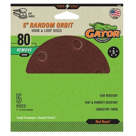 Gator Sanding Disc, 5 in Dia, 80 Grit, Medium, Aluminum Oxide Abrasive, Vented 3784