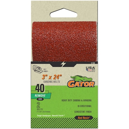 Gator Finishing Red Resin 3 x 24 in. Sanding Belt, 40 Grit, Coarse, 2PK 3158