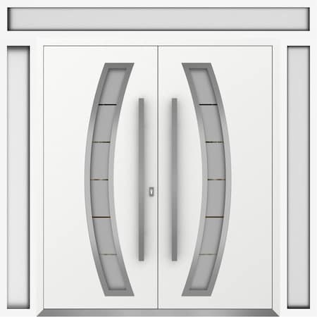 Vdomdoors Metal Double Doors Deux 6500 White Enamel Frosted Glass 2 Sidelights and Top Transom Entry Modern P DEUX6500DEXD-BEM-W16+72+16xH96+14-LH-O