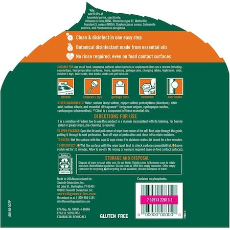 Seventh Generation Disinfecting Cleaner, 7" W x 8" L Canister, Lemongrass Citrus, White, 70 PK SEV22813