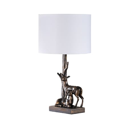 Homeroots 20" Bronze Mom and Baby Deer Table Lamp With White Drum Shade 524259