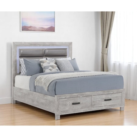 Homeroots Gray and Silver Faux Crystal Bling Wood And Faux Leather Queen Bed Frame With Two Drawers 564734