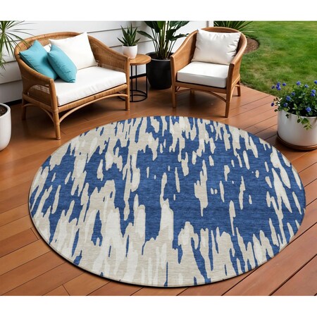 Homeroots 8' Navy Blue And Ivory Round Abstract Washable Indoor Outdoor Area Rug 612685