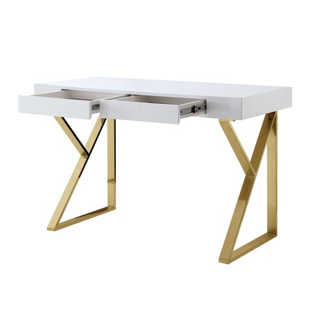Homeroots 48" White and Gold Wood and Stainless Steel Sled Writing Desk With Two Drawers 543746