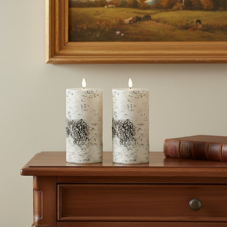 Homeroots Set of Two Off White And Brown Faux Birch Flameless Pillar Candles, 2PK 633990